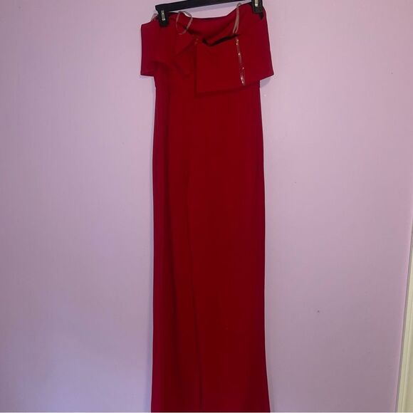 Crystal Sky S Red Strapless Jumpsuit Wide Leg Ruffle - Picture 5 of 9